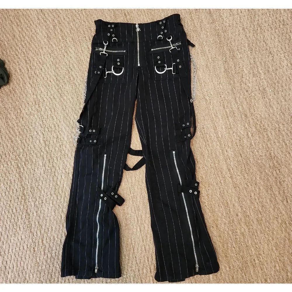 Tripp NYC Black Pinstripe Bondage Pants with Silver Hardware Size 28